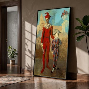 Picasso, Vintage Harlequin Figures Canvas Wall Art, Classic Carnival Costume Renaissance Jester Portrait, Decorative Art for Home
