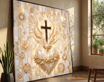 Sacred Heart and Cross Canvas, Religious Wall Art, Spiritual Home Decoration, Gold Tone Christian Canvas, Illuminated Devotional Artwork
