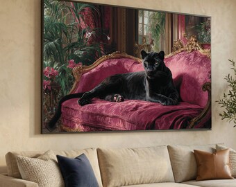 Panthère noire élégante sur toile de canapé rose vintage, oeuvre d'art murale animal exotique, décoration d'intérieur luxueuse, toile portrait animalier, maison