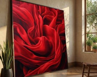 Elegant Red Fabric Flow Canvas, Abstract Draped Wall Art, Vibrant Home Decoration, Modern Canvas Design, Ready to Hang