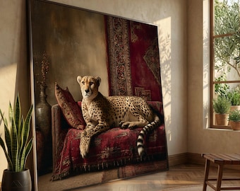 Guépard élégant sur une toile de canapé vintage, art animalier exotique, décoration murale intérieure luxueuse, impression sur toile animal nature