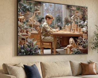 Young Boy Playing Chess Canvas, Wooden Toy Lion Art, Indoor Garden Scene, Vintage Home Decor Canvas, Childroom Wall Decoration