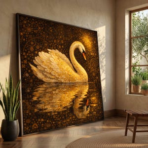 Tela con riflesso del cigno dorato, arte da parete in stile Gustav Klimt, decorazione astratta con animali, elegante scena acquatica, decorazione di lusso per la casa.