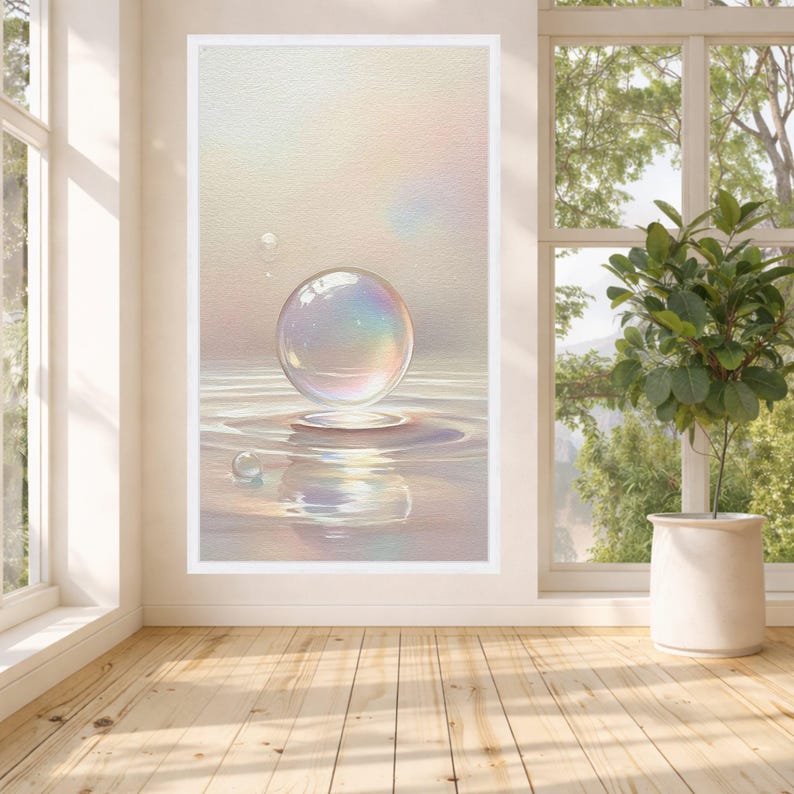 Iridescent Bubble Floating Canvas, Soft Pastel Wall Art, Serene Water Reflection, Minimalist Home Decoration, Modern Abstract Canvas image 4