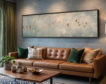 Cuadro de pared con pájaros volando, estilo vintage, largo y estrecho, escena rústica de cielo, bandada volando, decoración de pared natural, acento suave para el hogar en azul