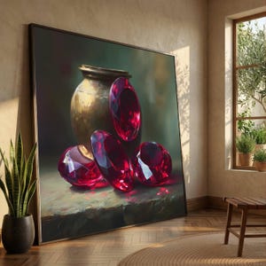 Puede incluir: Una obra de arte enmarcada que presenta una naturaleza muerta de grandes gemas rojas facetadas y un jarrón dorado. Las gemas están dispuestas en un grupo, reflejando la luz. El fondo es verde y marrón apagados, con la obra apoyada contra una pared.