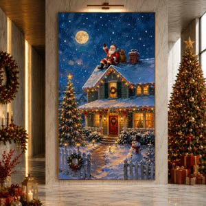 Santa on Snowy Roof Canvas, Christmas Home Decor, Festive Holiday Lights Canvas, Winter Night Scene Wall Art, Cozy Seasonal Decoration
