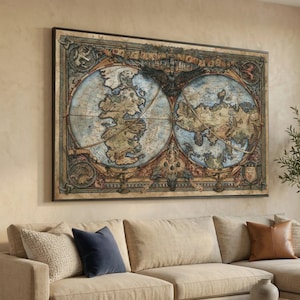 May include: A framed vintage world map, featuring detailed cartography of the continents and oceans. The map has a central eagle design and is framed in black. The color scheme includes blues, browns, and golds. The map is displayed above a beige sofa, adding a touch of history.