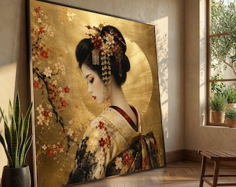 Elegant Geisha Portrait Canvas, Japanese Traditional Dress Wall Art, Cherry Blossom Decoration, Asian Culture Canvas, Golden Background Art