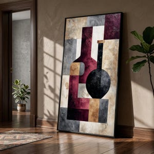 Abstract Bottles Composition Canvas, Geometric Still Life Wall Art, Modern Home Decoration, Burgundy and Black Artwork