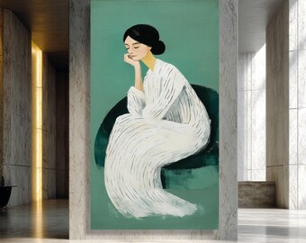 Elegant Woman Seated, Minimalist Portrait Canvas, Calm Expression Wall Art, Modern Figurative Canvas, Green Background Decorative Art