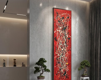 Lienzo abstracto largo y estrecho de color rojo vibrante, arte mural con salpicaduras, diseño expresionista moderno, lienzo con salpicaduras de color audaces, decoración dinámica para el hogar