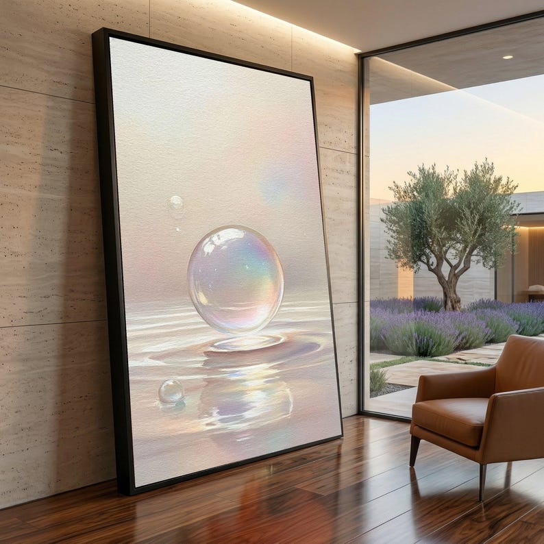 Iridescent Bubble Floating Canvas, Soft Pastel Wall Art, Serene Water Reflection, Minimalist Home Decoration, Modern Abstract Canvas image 3