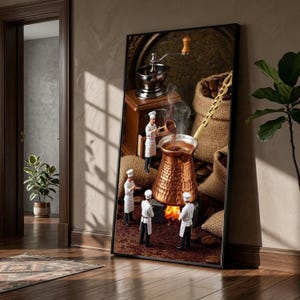 Miniaturas de chefs preparando café, arte en lienzo con cafetera de cobre, decoración de cocina con granos de café, arte mural de bebidas calientes, lienzo con escena culinaria