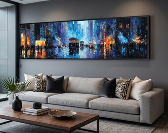 Urban Night Scene Canvas, City Street with Trams Wall Art, Modern Downtown Landscape Canvas, Reflective Wet Road Canvas, Vibrant City Lights