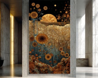 Golden Sunflower Field Canvas, Abstract Floral Wall Art, Moonlit Landscape Canvas, Rustic Nature Decoration, Ready to Hang Artwork
