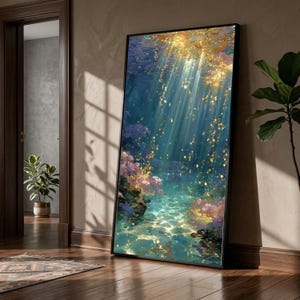 Tela con magici raggi di luce sottomarini, arte murale con bagliore oceanico, tela con riflessi scintillanti sull'acqua, sereno paesaggio marino, decorazione per la casa in stile costiero.