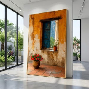 May include: A framed art print depicting a rustic scene. The artwork features a weathered orange wall with a blue window and a terracotta pot filled with red flowers. The window reveals a mountain landscape.