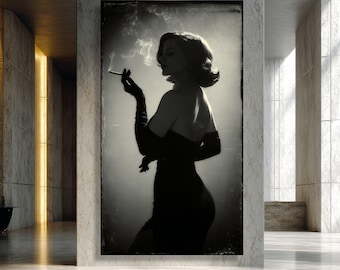 Vintage Hollywood Glamour Woman Smoking, Retro Black Dress Canvas, Classic Cinema Style Wall Art, Elegant Silhouette Decoration