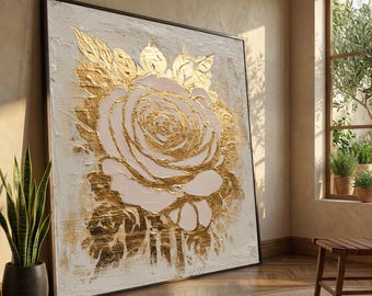 Elegant Gold Rose Canvas Wall Art, Floral Luxury Home Decor, Metallic Flower Design, Modern Botanical Canvas, Ready to Hang Decoration