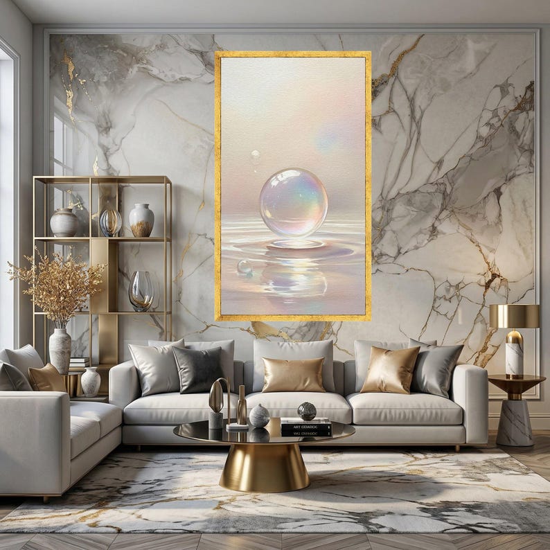 Iridescent Bubble Floating Canvas, Soft Pastel Wall Art, Serene Water Reflection, Minimalist Home Decoration, Modern Abstract Canvas image 8