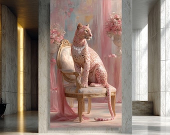 Léopard élégant sur une toile de chaise vintage, décoration florale rose, art mural animalier de luxe, toile animalière chic, décoration d'intérieur glamour