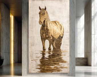 Golden Horse Reflection Canvas, Rustic Equine Wall Art, Country Home Decor, Animal Silhouette Canvas, Earth Tone Artwork, Ready to Hang