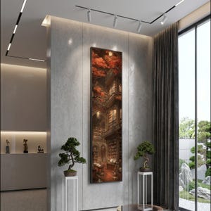 Lienzo decorativo de interior de biblioteca encantada, arte mural de hojas de otoño, decoración vintage para estantería, lienzo cálido y acogedor para el estudio, decoración literaria para el hogar.