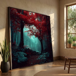 Mystical Red Forest Path Canvas, Enchanted Woods Wall Art, Nature Landscape Canvas, Moody Forest Scene, Home Decoration Canvas