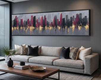 Modern Cityscape Canvas Wall Art, Abstract Urban Skyline, Red Black Gold Canvas, Contemporary City Wall Decoration