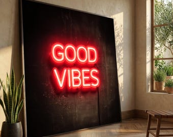 Good Vibes Neon Sign Canvas, Motivational Wall Art, Retro Style Home Decor, Positive Quote Canvas, Modern Room Decoration