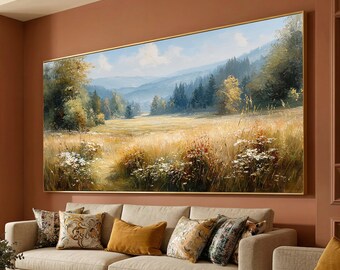 Tranquil Meadow Landscape Canvas, Wildflower Field Wall Art, Autumn Nature Scene Canvas, Rustic Countryside Decor, Ready to Hang Artwork
