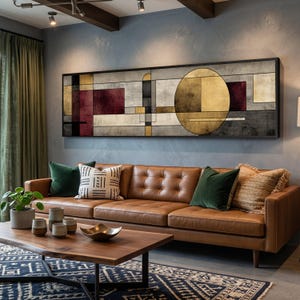 Lienzo con composición geométrica abstracta, decoración de pared de arte moderno, formas doradas y burdeos, arte de pared contemporáneo en lienzo, hogar minimalista