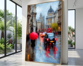 Rainy London Street Scene Canvas, Red Umbrella Artwork, Cityscape Wall Decor, Urban Landscape Canvas, Evening Street View Art