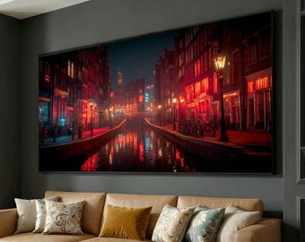 Amsterdam Night Canal Scene Canvas, Cityscape Wall Art, Urban Reflections Decor, Nighttime Street View, Illuminated Architecture Canvas