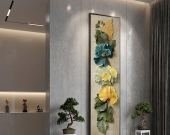 Elegant Floral Canvas Wall Art, Blue and Yellow Hibiscus Flowers, Botanical Leaf Design, Vertical Home Decoration, Nature Canvas