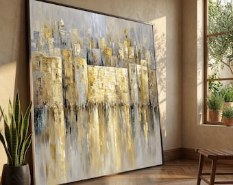 Golden Cityscape Canvas Wall Art, Urban Skyline Reflection, Abstract Modern City Canvas, Contemporary Wall Decoration