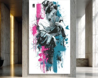 Geisha élégante avec toile d'éventail, oeuvre d'art murale portrait de femme asiatique, design moderne aux couleurs vives, décoration de la culture japonaise, décoration d'intérieur en toile