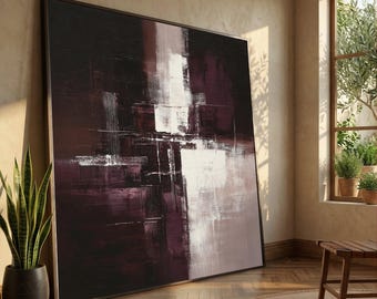 Modern Abstract Canvas Wall Art, Deep Burgundy and Cream Tones, Geometric Home Decor, Contemporary Canvas Ready to Hang Artwork
