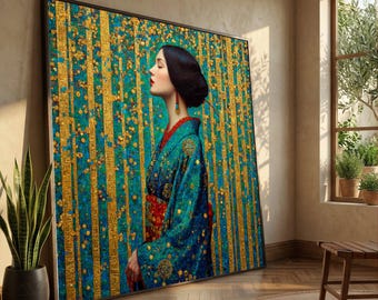 Elegant Geisha Portrait Canvas, Asian Woman Traditional Kimono, Gold Floral Background, Decorative Wall Art, Oriental Style Home Decor