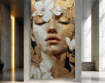 Elegant Woman Face Canvas, White Floral Accents, Gold Leaf Wall Art, Contemporary Portrait Canvas, Luxury Home Decor