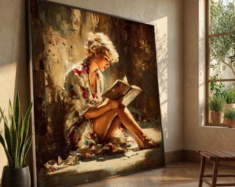 Woman Reading Book Canvas Wall Art, Vintage Style Portrait, Cozy Home Decor, Literary Theme Canvas, Elegant Figurative Artwork