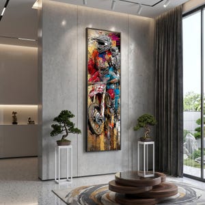 Lienzo largo y estrecho con acción emocionante de motocross, arte mural de motocross extremo, decoración de aventura deportiva, lienzo de escena de carreras dinámicas, R imagen 1