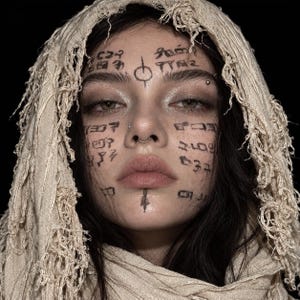 May include: A portrait of a person wearing a beige, frayed-edge headscarf. The face features dark, hand-drawn symbols and characters resembling ancient script across the forehead, cheeks, and chin, along with a small silver nose ring and eyebrow piercing.