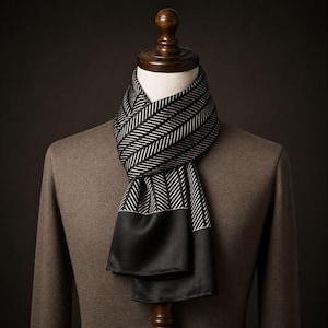 May include: A black and white patterned scarf displayed on a mannequin. The scarf features a chevron design in white against a black background. The bottom portion of the scarf is solid black. The mannequin is wearing a brown blazer.