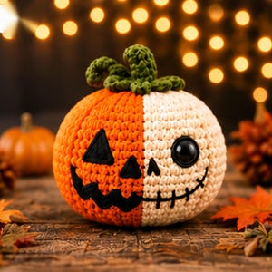 Op de afbeelding: Een gehaakte pompoen met een gespleten ontwerp, bestaande uit een feloranje helft met een zwart geborduurd jack-o'-lantern gezicht en een crèmekleurige helft met één zwart oog en een gestikte mond. De pompoen heeft een groene steel.