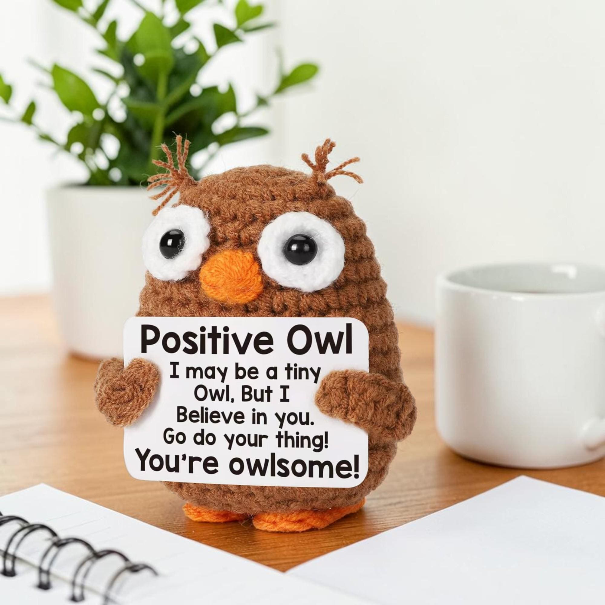 Positive Owl Crochet Plush &ndash; Handmade Amigurumi Owl, Encouragement Gift, Anxiety Comfort Toy, 