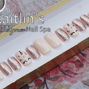 Rose Gold Designer Hand Painted Unicorns with Sculpted Flower Crowns Gel Press On Nails