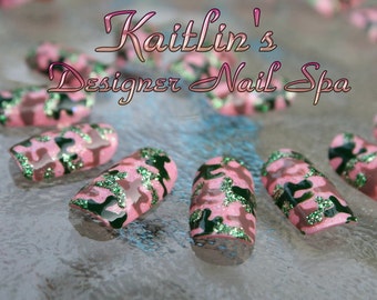 Pink Bling Camouflage Gel Press On Nails