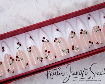 Rhinestone Cherries on French Tips Press On Gel Nails